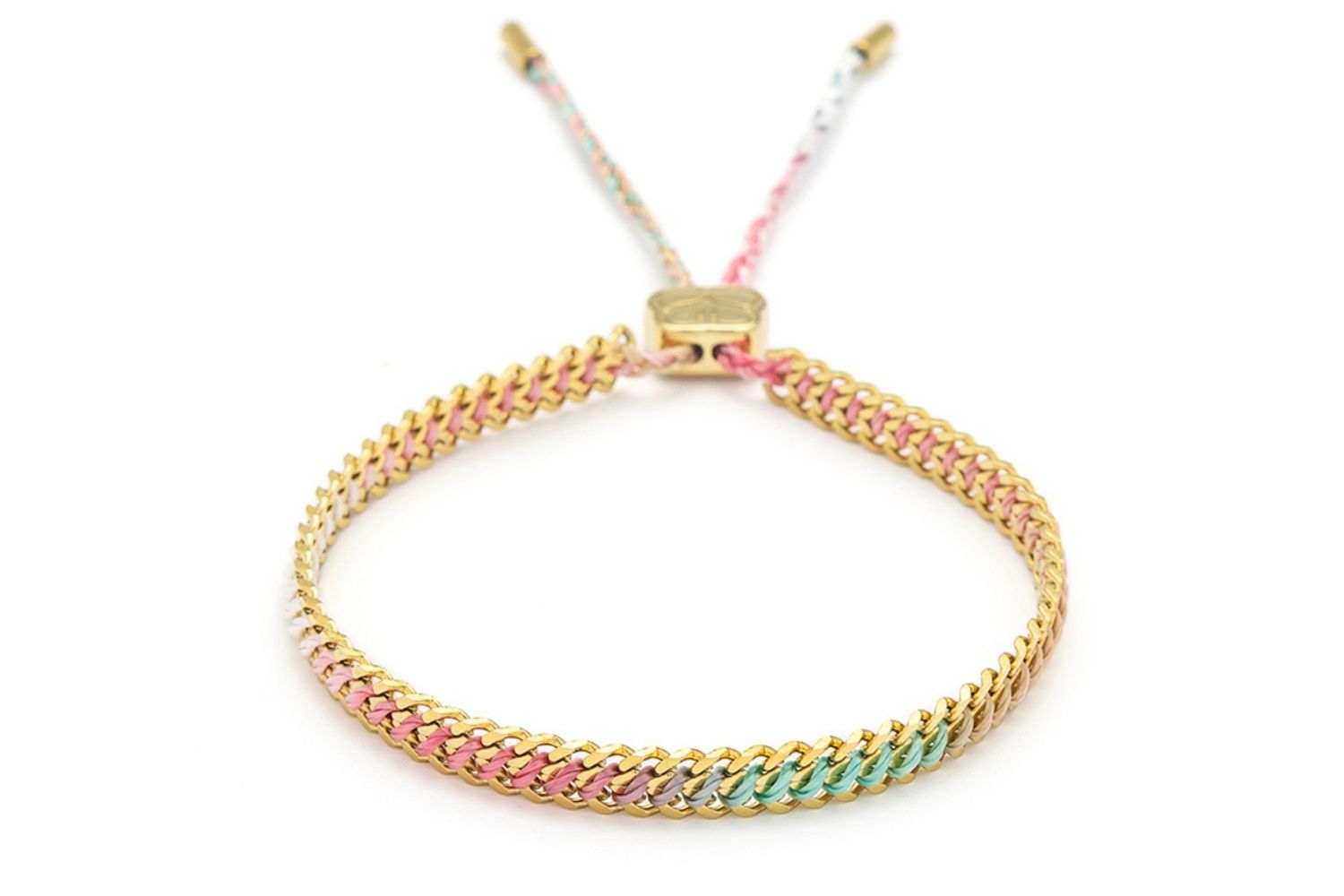 Athena Candy Gold Braided Bracelet featuring pink, clementine, and mint ombre thread woven through gold curb chain, ideal for summer adventures and adding a playful pop of colour.