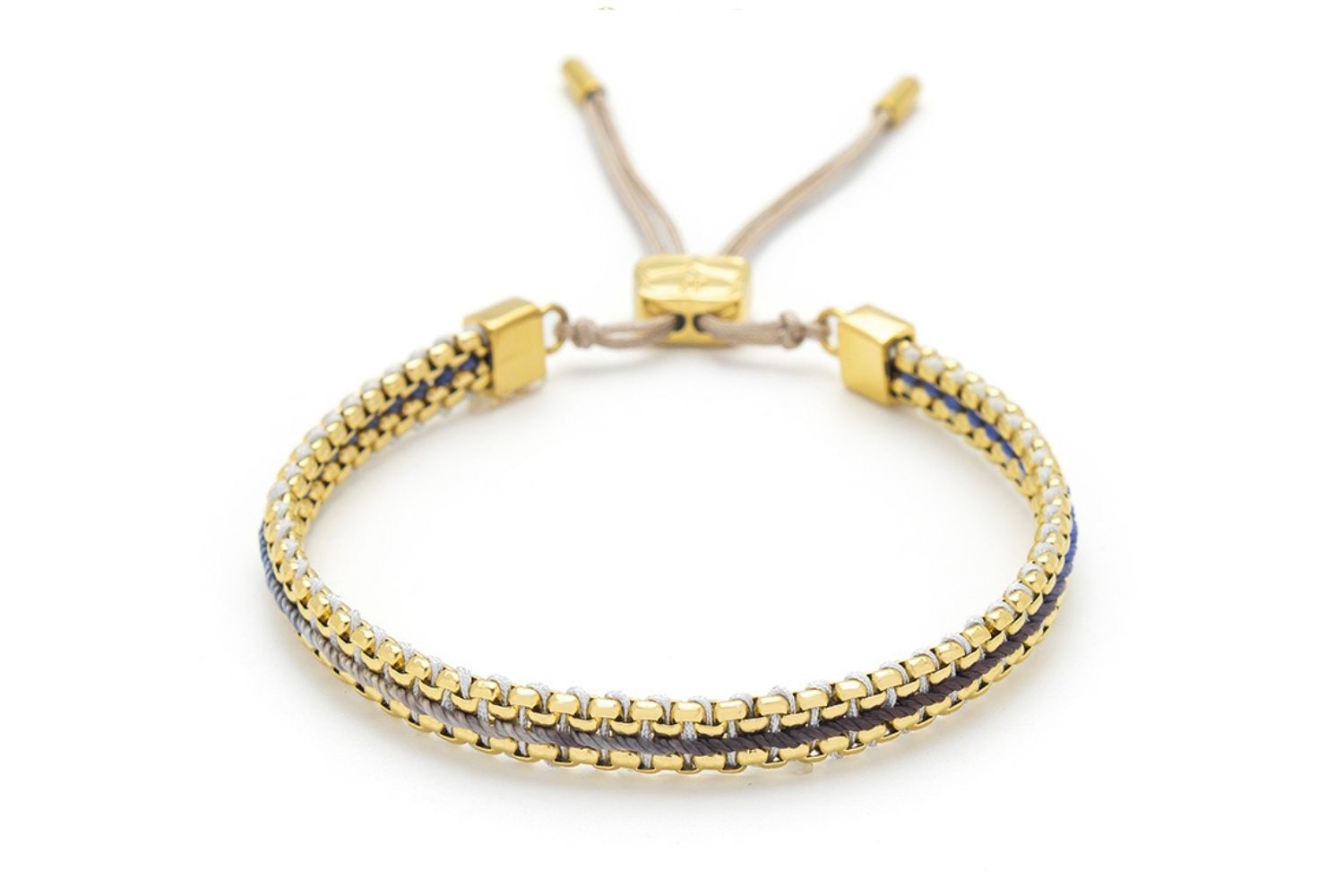 Athena Denim Gold Braided Bracelet with blue ombre thread and 14k PVD gold-plated curb chain, perfect for adding a touch of beachy boho style to your everyday look.