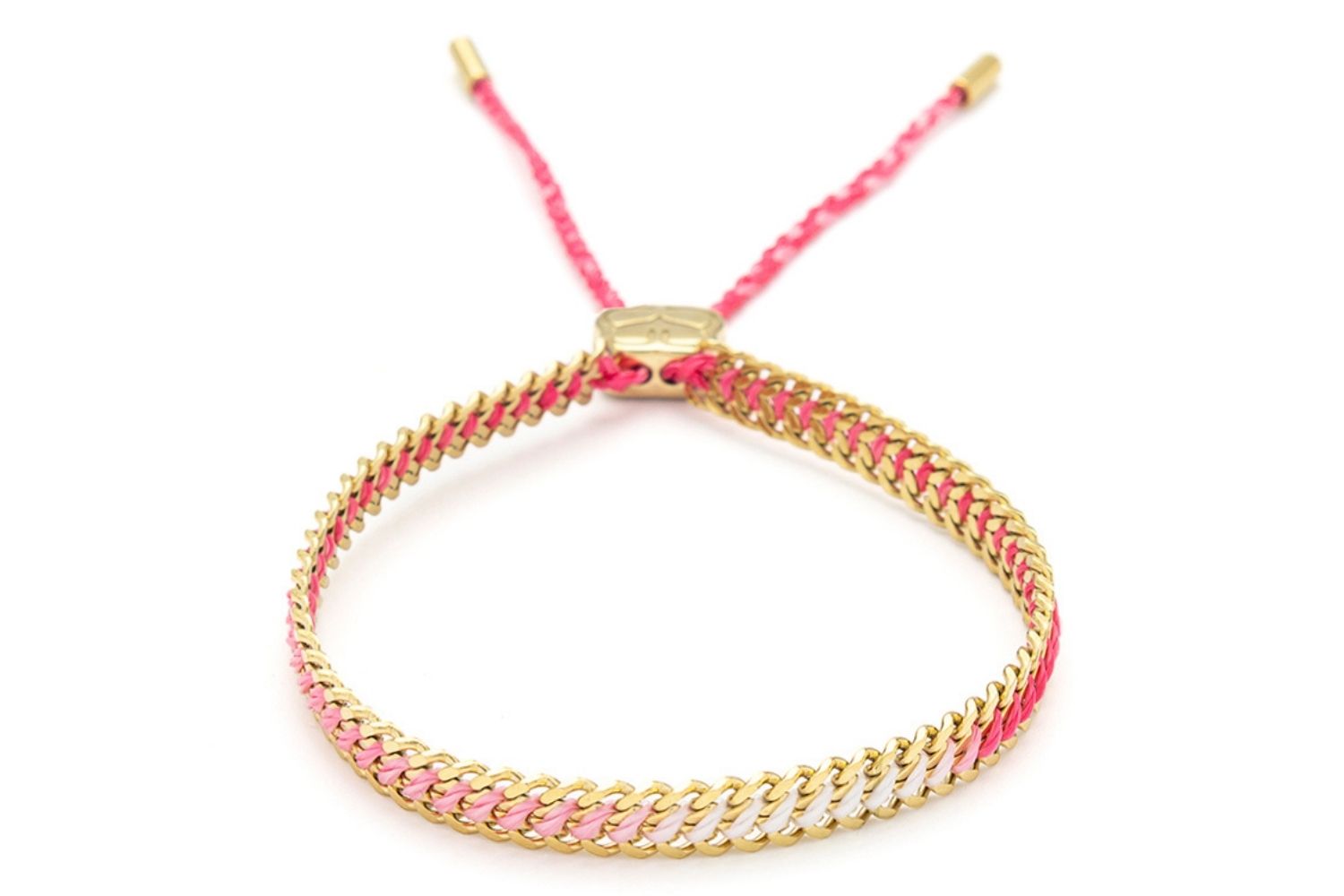 Athena Pink Gold Braided Bracelet featuring pink ombre thread and 14k gold-plated curb chain, inspired by tropical sunsets and blooming orchids, perfect for summer elegance.