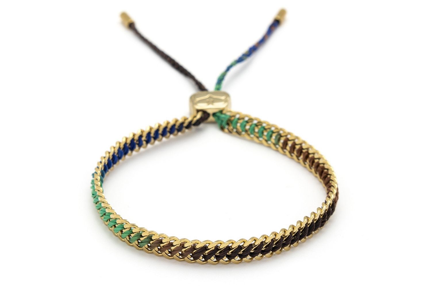 Athena Taupe and Green Gold Braided Bracelet featuring taupe and green ombre thread and 14k gold-plated curb chain, perfect for adding a touch of coastal charm to your summer look.