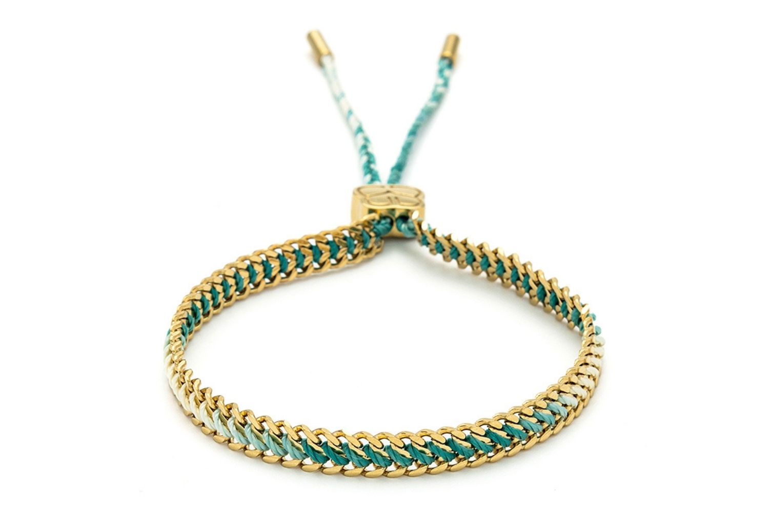 Athena Turquoise Gold Braided Bracelet featuring turquoise ombre thread and 14k gold-plated curb chain, inspired by tropical waters and beachy style.