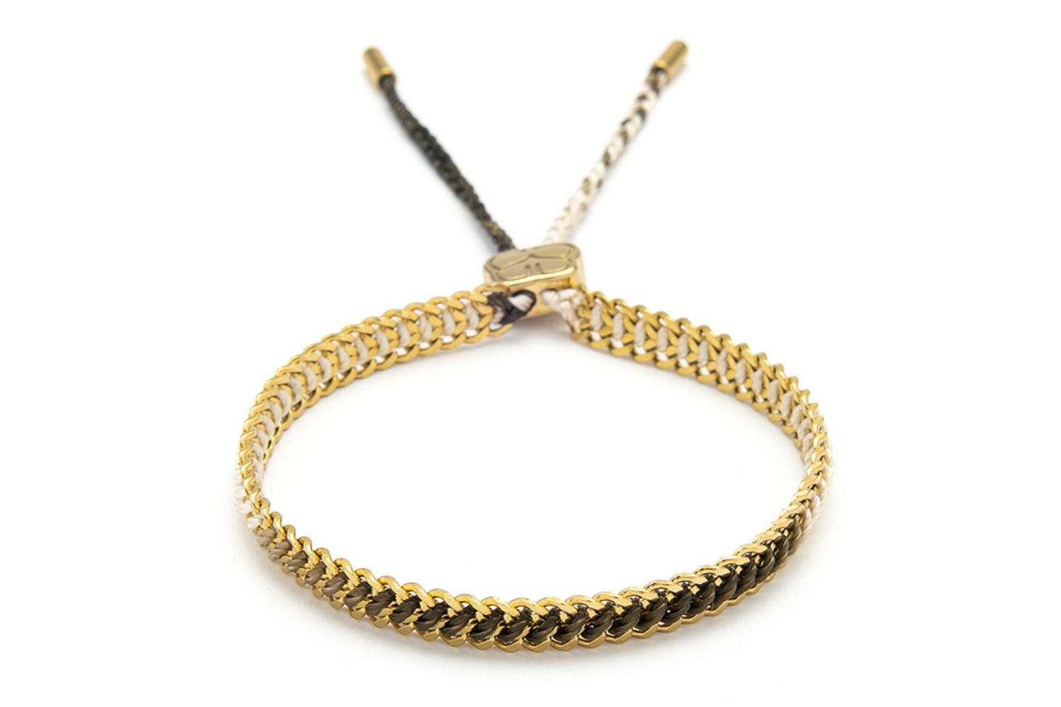 Athena White Gold Braided Bracelet featuring a white ombre thread woven through a 14k gold-plated curb chain, perfect for summer style and beach jewellery.