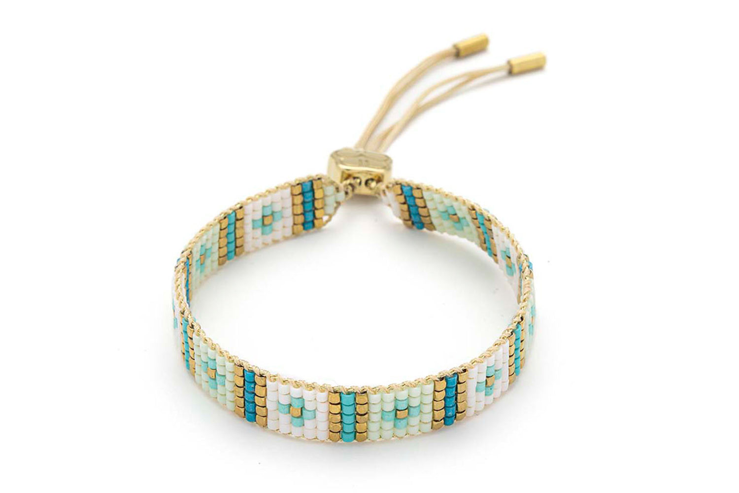 Aurora Aqua Gold Friendship Bracelet featuring ivory, aqua, and gold Miyuki beads, with 12k gold-plated brass accents and an adjustable slider fastening.