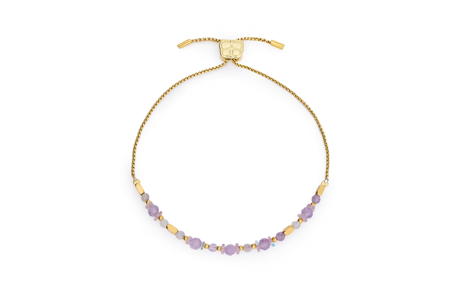 Aya Gold Purple Jade Bracelet with adjustable slider chain on white background