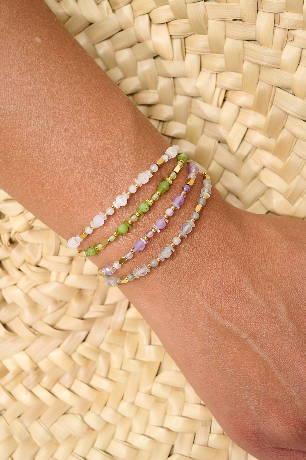 Aya Gold Purple Jade Bracelet featured on the wrist with Boho Betty stacking bracelets