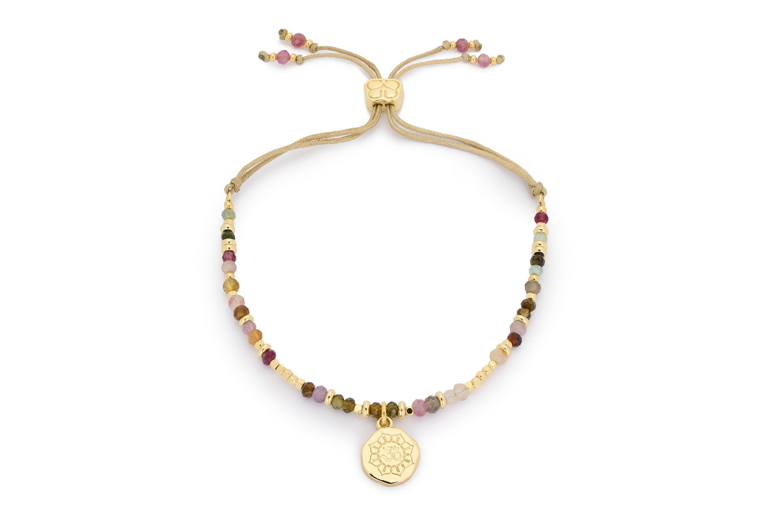 Azalea Gold Tourmaline Charm Bracelet with multi-tourmaline faceted beads and a gold Om mandala charm, featuring an adjustable BB slider design.