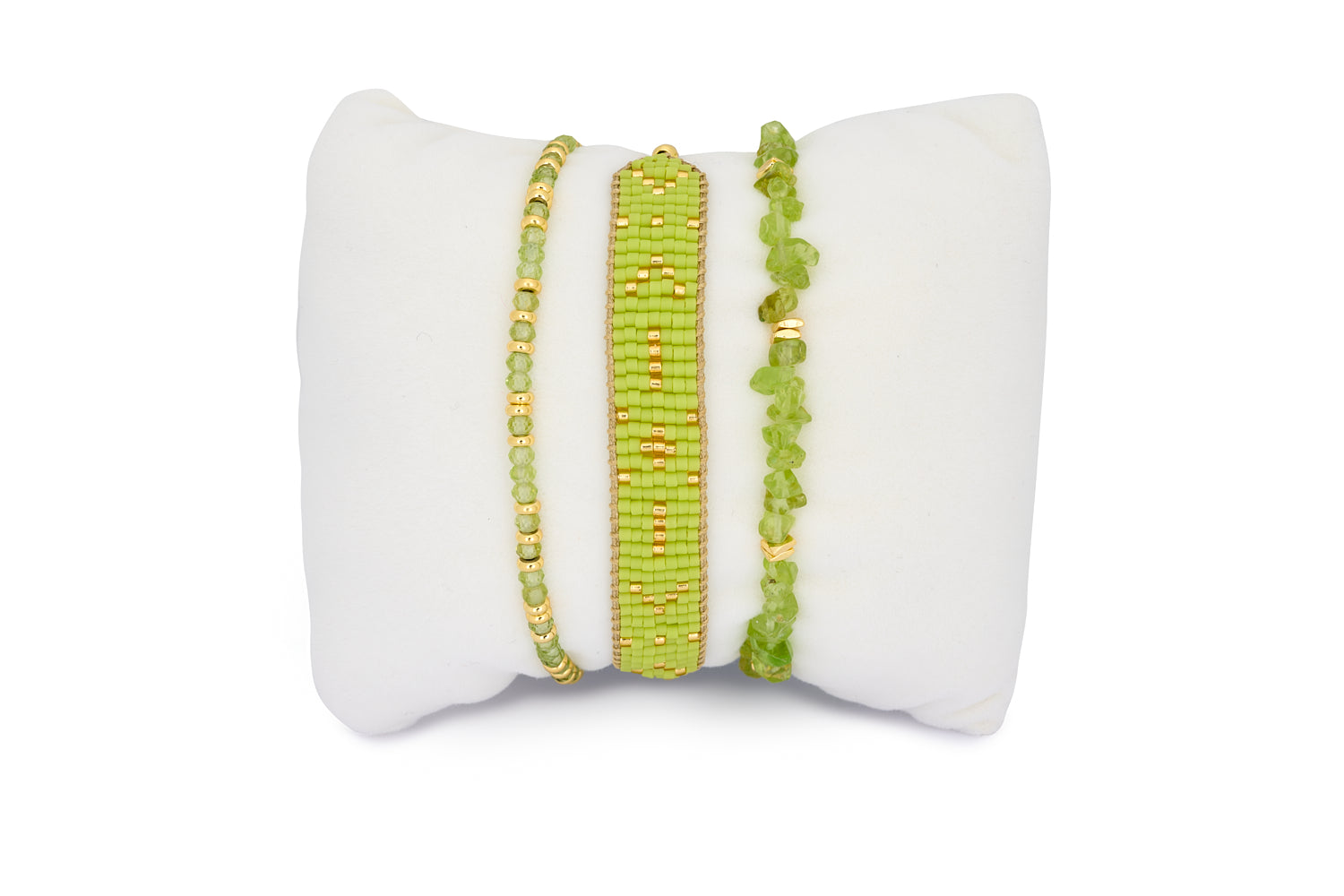 Batiki Peridot Gold Stacking Bracelet featuring radiant peridot gemstones and gold-plated accents in a vibrant bracelet set.