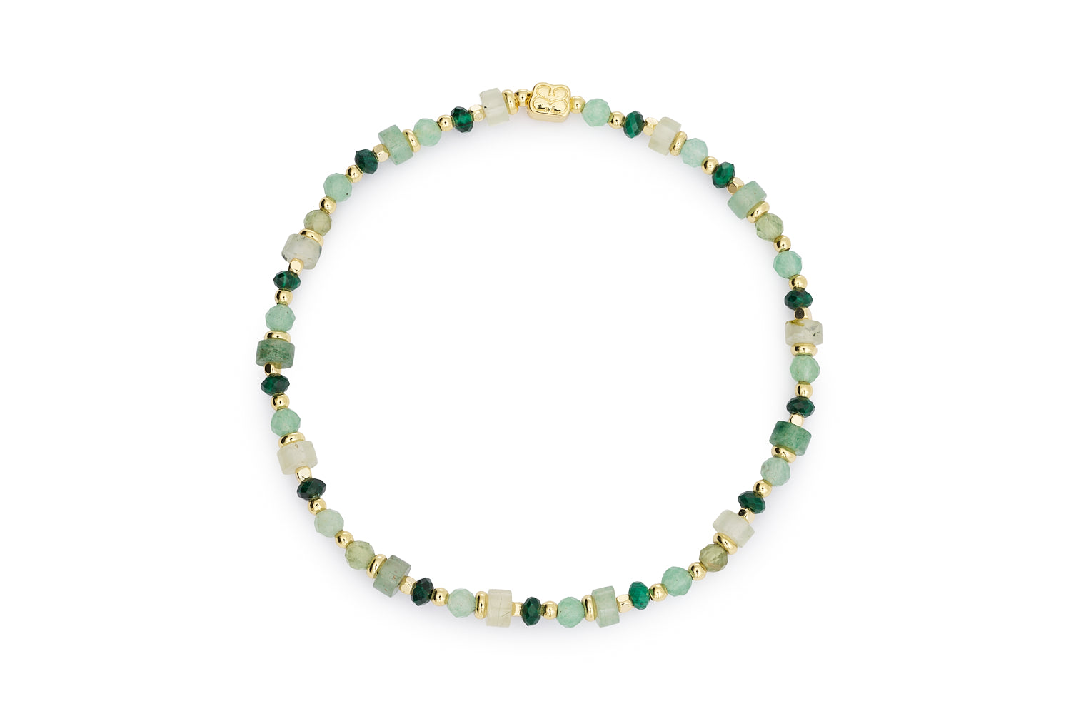 Beryl Peridot Mix Gold Bracelet featuring natural peridot and green gemstones, waterproof gold PVD accents and a comfortable stretch fit design.