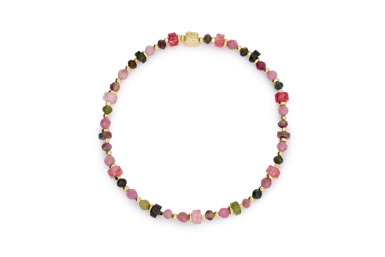 Beryl Tourmaline Mix Gold Bracelet featuring natural mixed tourmaline gemstones, waterproof gold PVD accents and a comfortable stretch fit design.