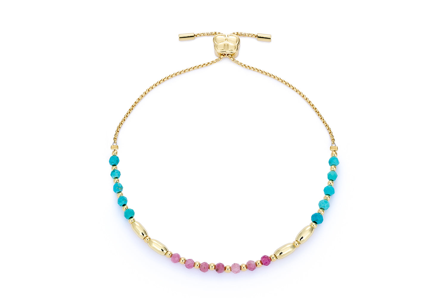 Bisbee Gold, Pink Tourmaline & Turquoise Bracelet featuring vibrant pink tourmaline and turquoise howlite beads, 12k gold-plated accents, and an adjustable slider for a custom fit and effortless layering.