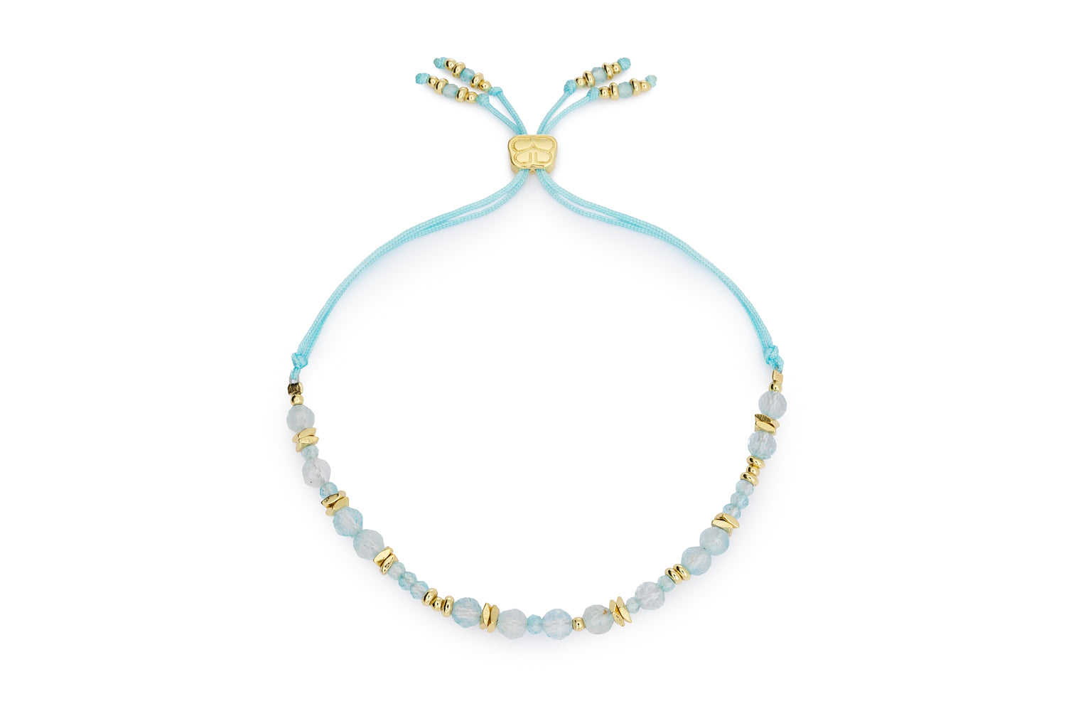 Bliss gold slider bracelet with blue topaz November birthstone beads and Boho Betty charm on white background