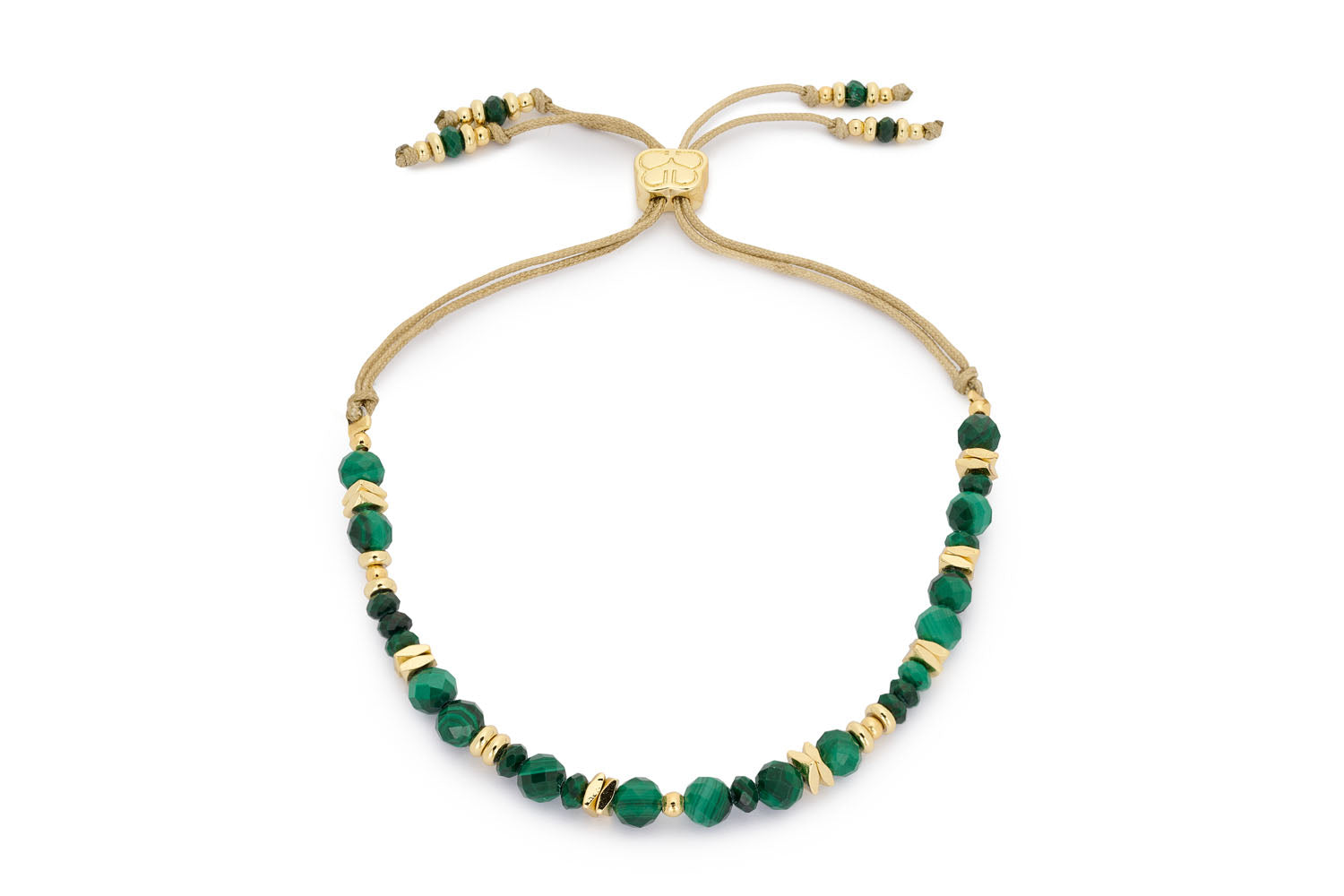 Bliss Gold & Malachite Bracelet featuring natural malachite gemstones, waterproof gold PVD stainless steel accents and an adjustable slider bracelet design.
