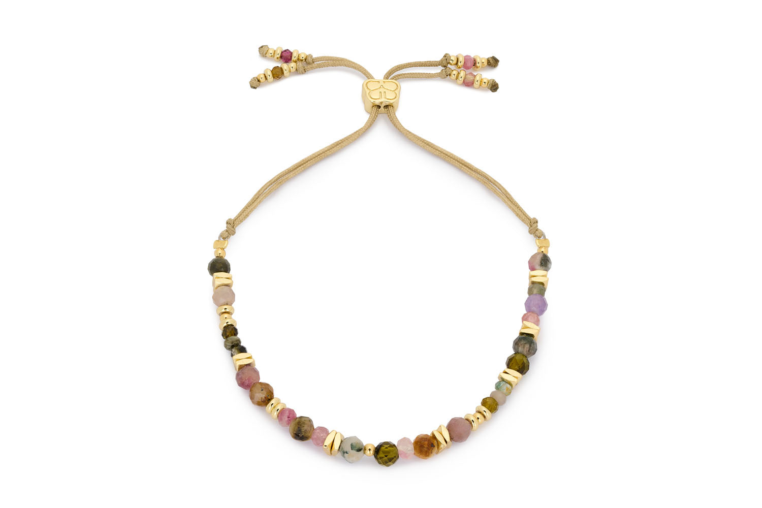 Bliss Tourmaline Gold Bracelet featuring faceted tourmaline beads in a range of vibrant colours with 12k gold-plated accents and an adjustable Boho Betty slider bead.