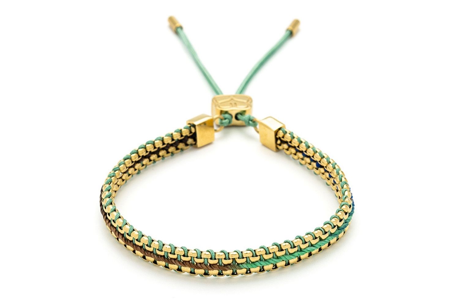 Bloom Gold, Taupe & Green Braided Bracelet featuring taupe and green ombre thread and 14k gold-plated snake chain, perfect for layering or gifting.