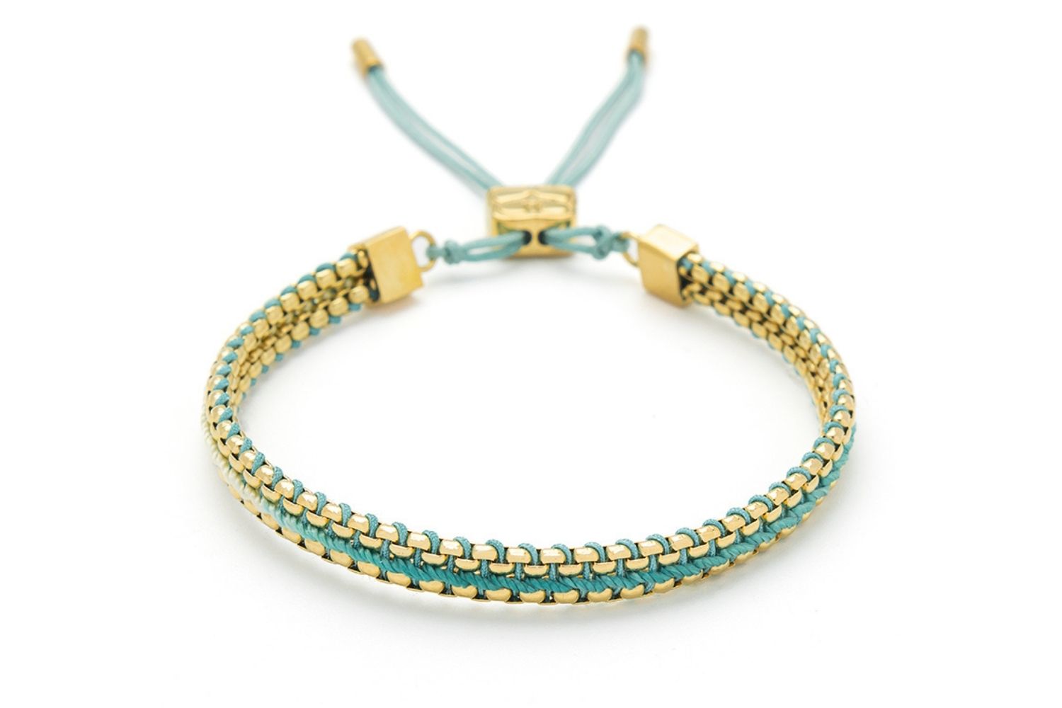 Bloom Gold & Turquoise Braided Bracelet featuring turquoise ombre thread and 14k gold-plated snake chain, perfect for beachwear or gifting as holiday jewellery.