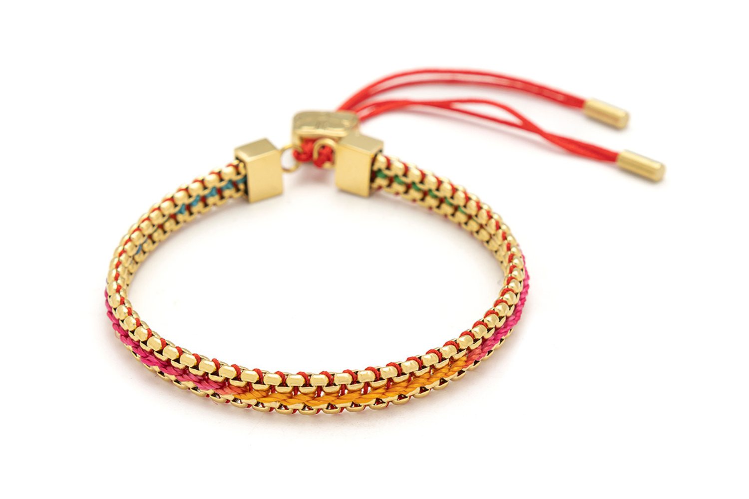 Bloom tropical woven friendship bracelet with vibrant threads and gold chain detailing with adjustable slider fastening.