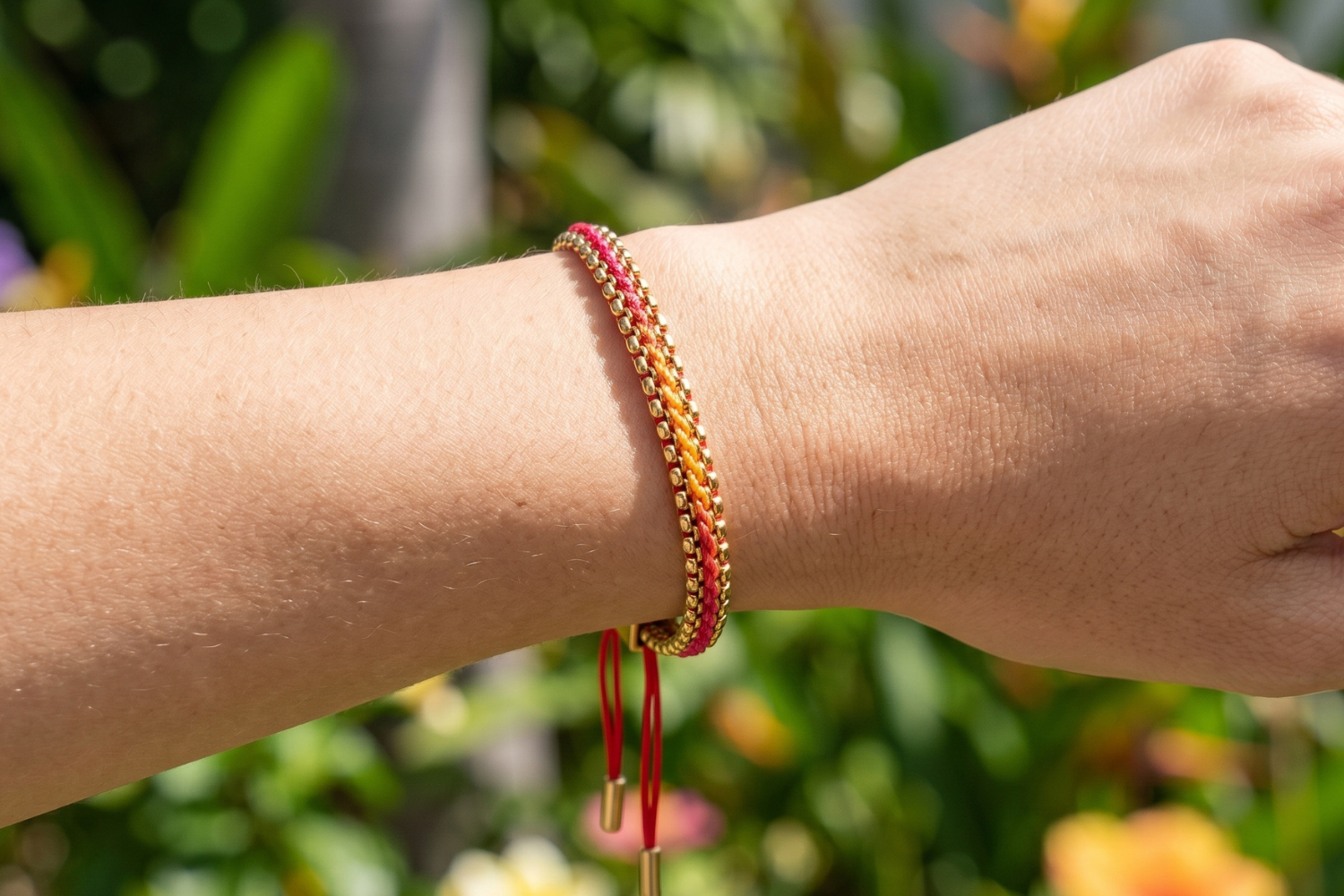 Bloom tropical woven bracelet styled on the wrist, a colourful gold friendship bracelet perfect for stacking and summer styling.