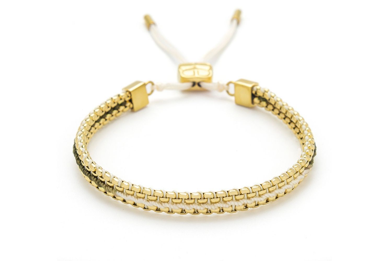 Bloom White & Gold Braided Bracelet featuring white ombre cord with 14k gold-plated snake chain accents, perfect for layering or gifting as vacay jewellery.