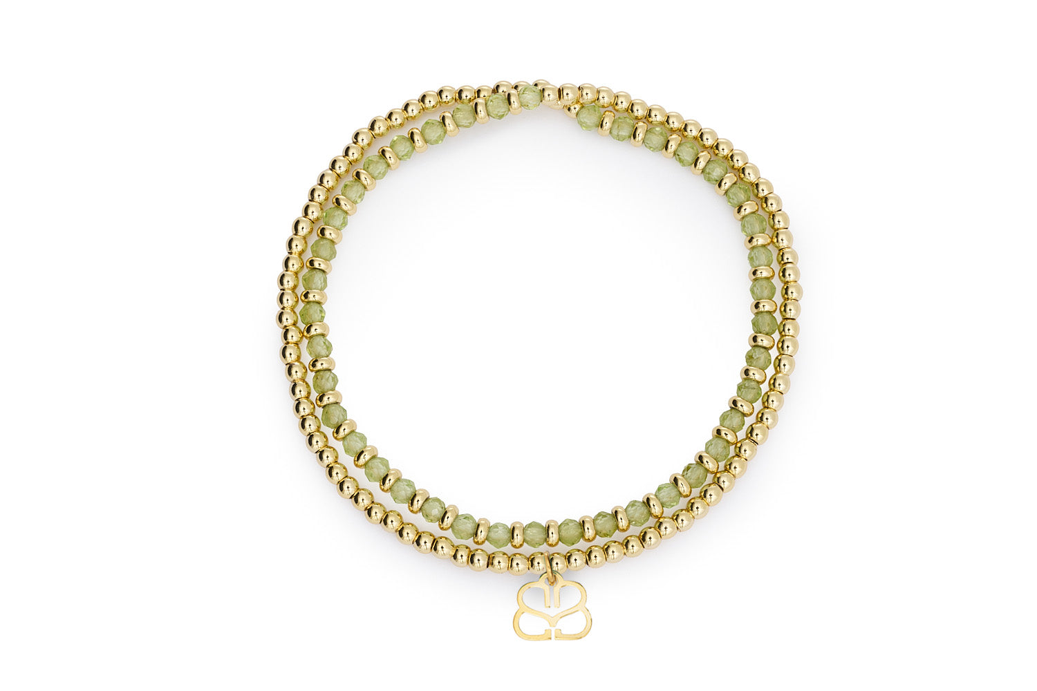 Bluebell Gold & Peridot Stretch Bead Bracelet featuring double rows of faceted green gemstones and gold-plated beads in a wrap-style design.