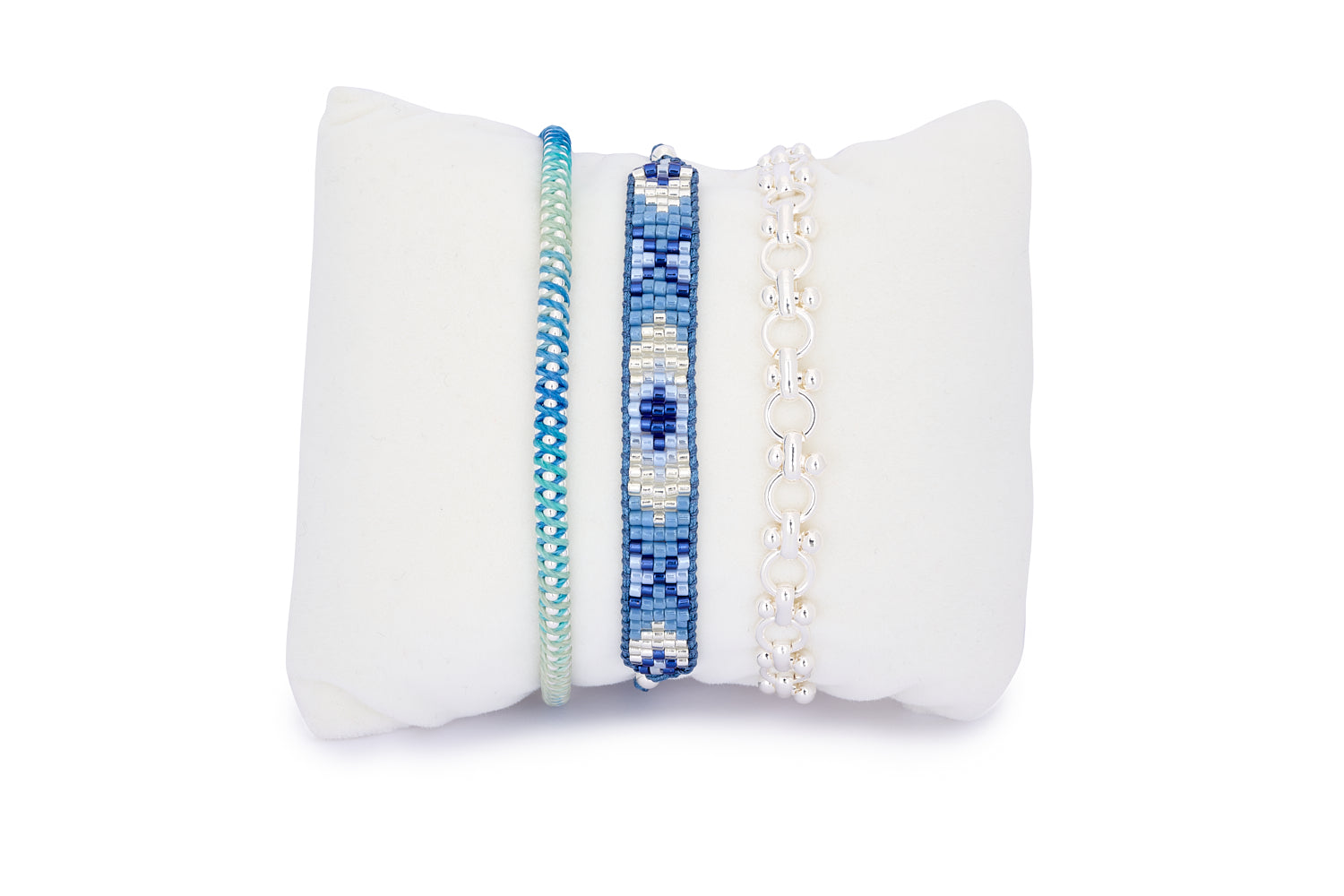 Bora Bora Blue & Silver Bracelet Stack featuring three boho-luxe bracelets with ombré blues, sterling silver accents, and Miyuki glass beads, inspired by the ocean.