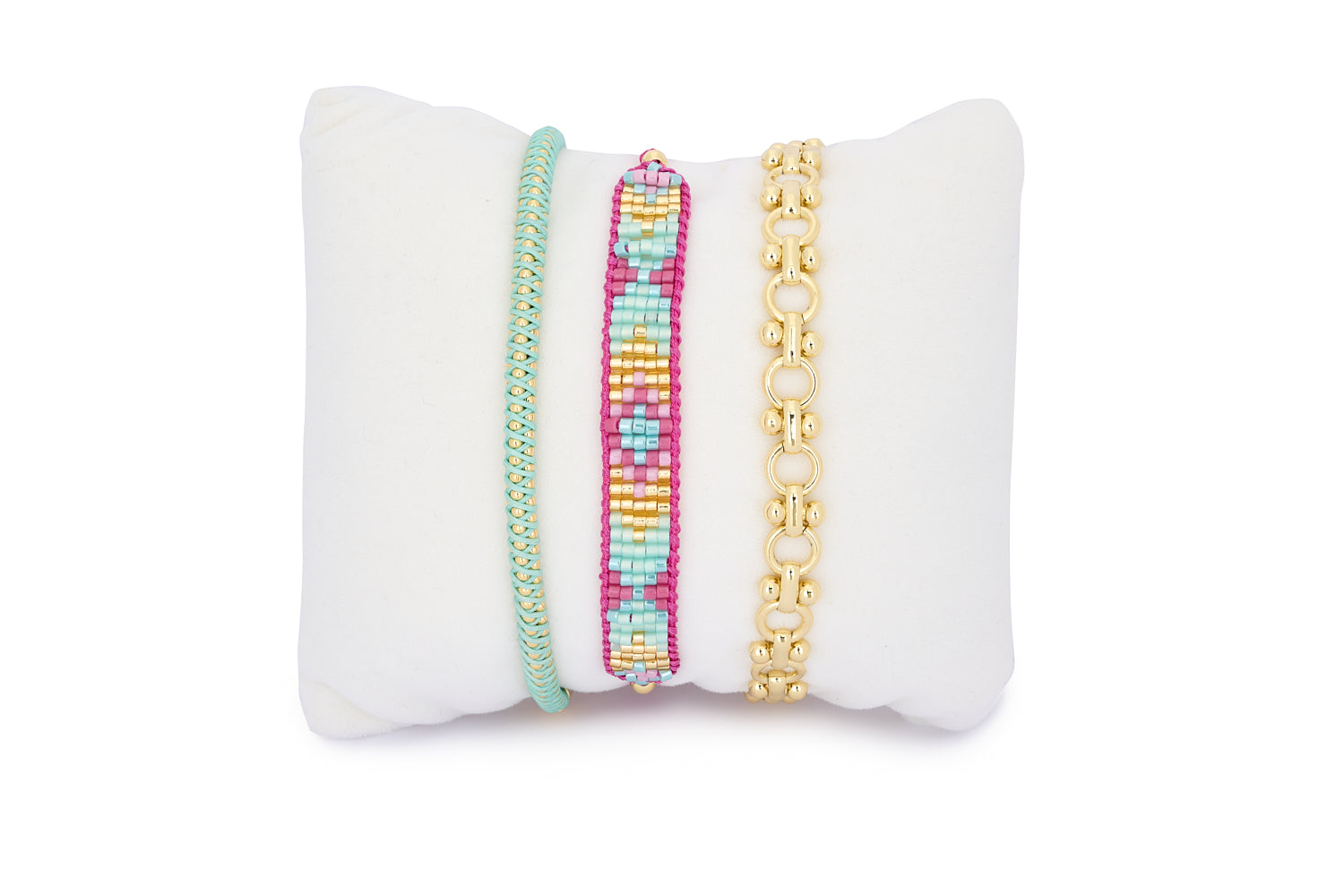 Bora Bora Turquoise, Pink & Gold Bracelet Stack featuring three layered bracelets in bold beaded, braided, and chain styles—crafted with gold-plated accents and playful tropical tones.