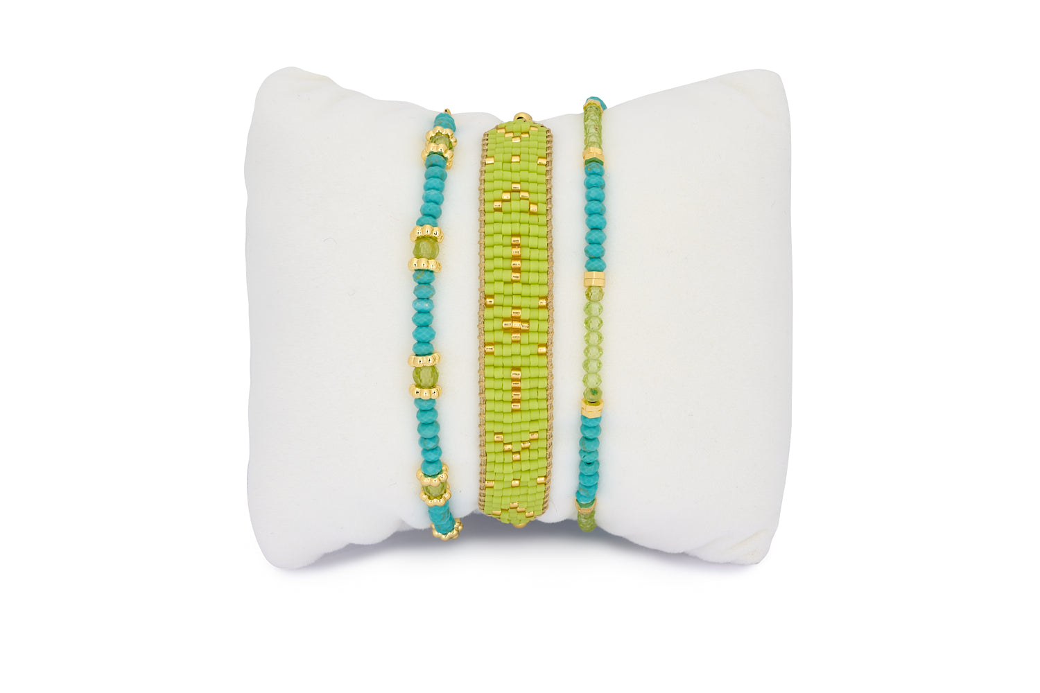 Boracay Peridot and Turquoise Gold Stacking Bracelet featuring vibrant turquoise and peridot beads with gold-plated accents in a playful boho-chic design.