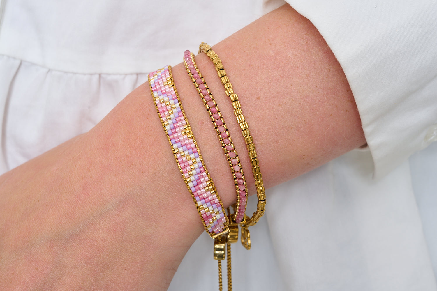 Botella Gold & Pink Tourmaline Bracelet Stack featured on wrist with Boho Betty stacking bracelets
