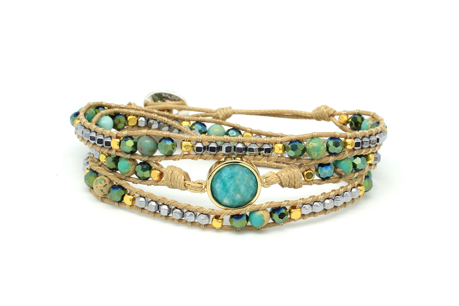 America Teal Amazonite Gemstone 3 Wrap Bracelet