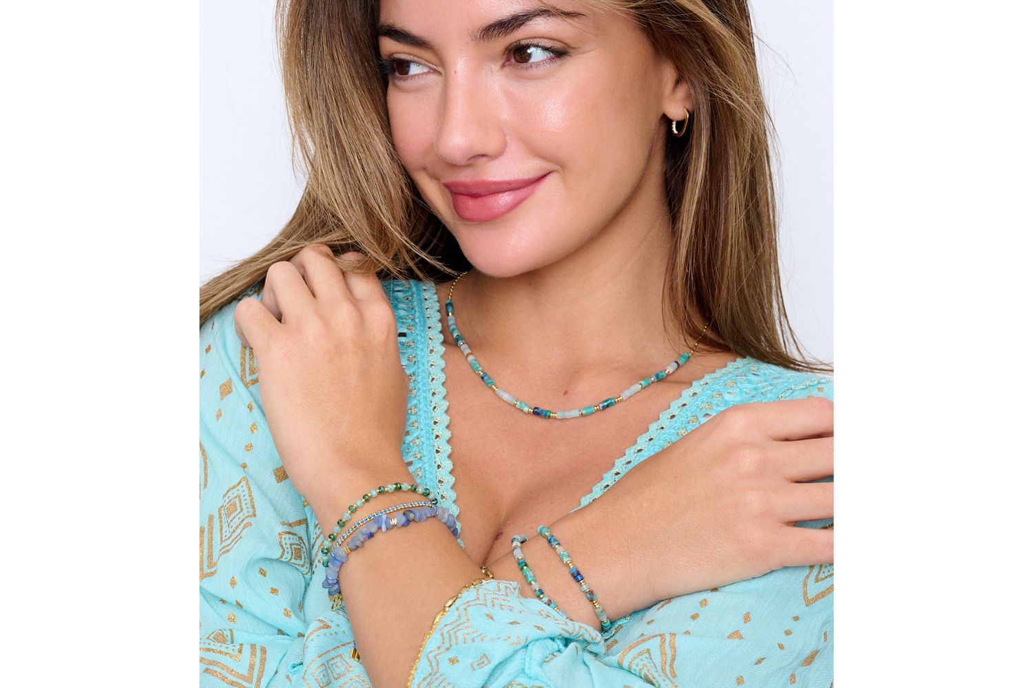 Prunus Aqua & Gold Crystal Stretch Bracelet