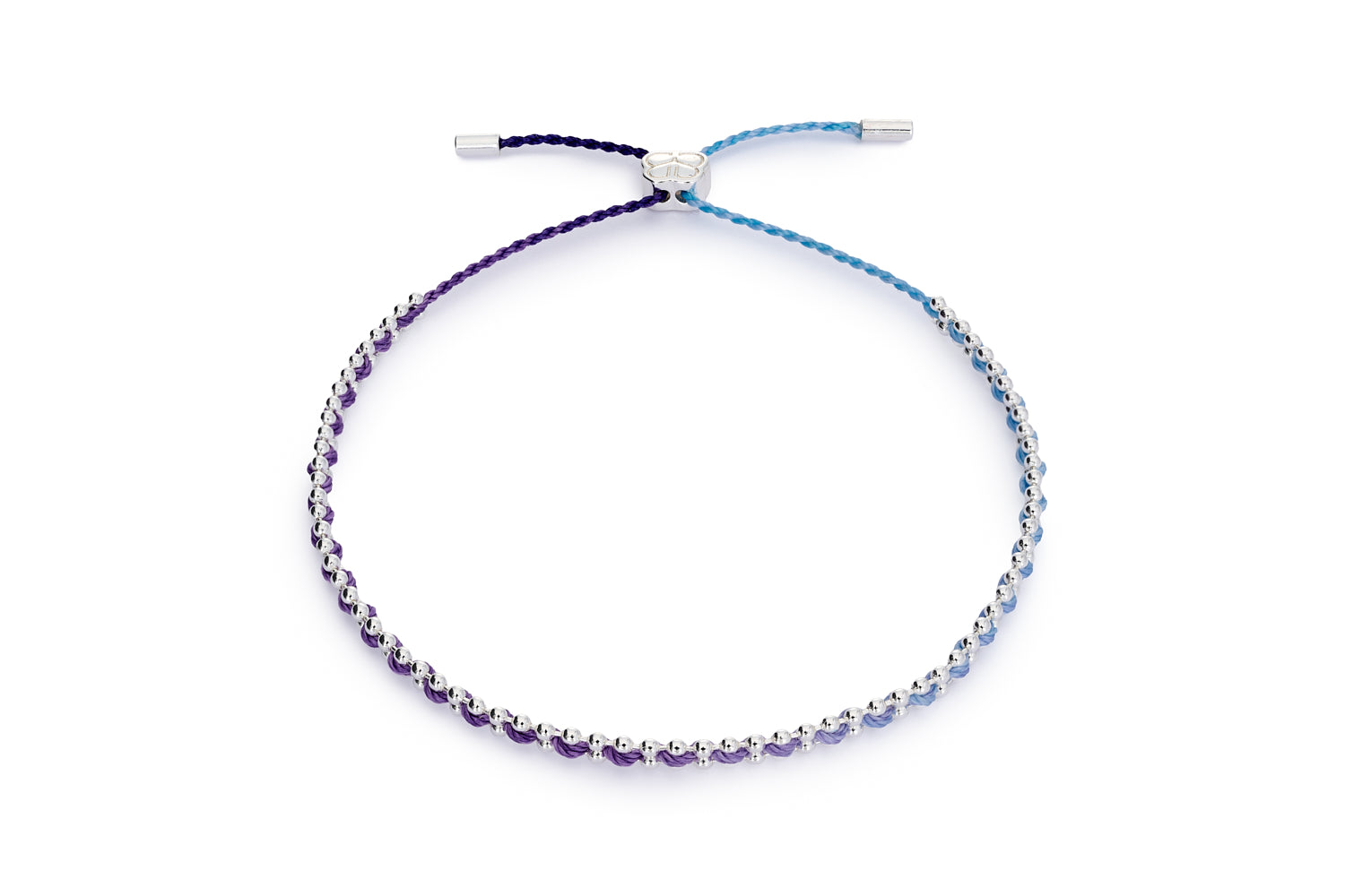 Ombre blue and purple woven bracelet with silver-plated chain and adjustable slider clasp