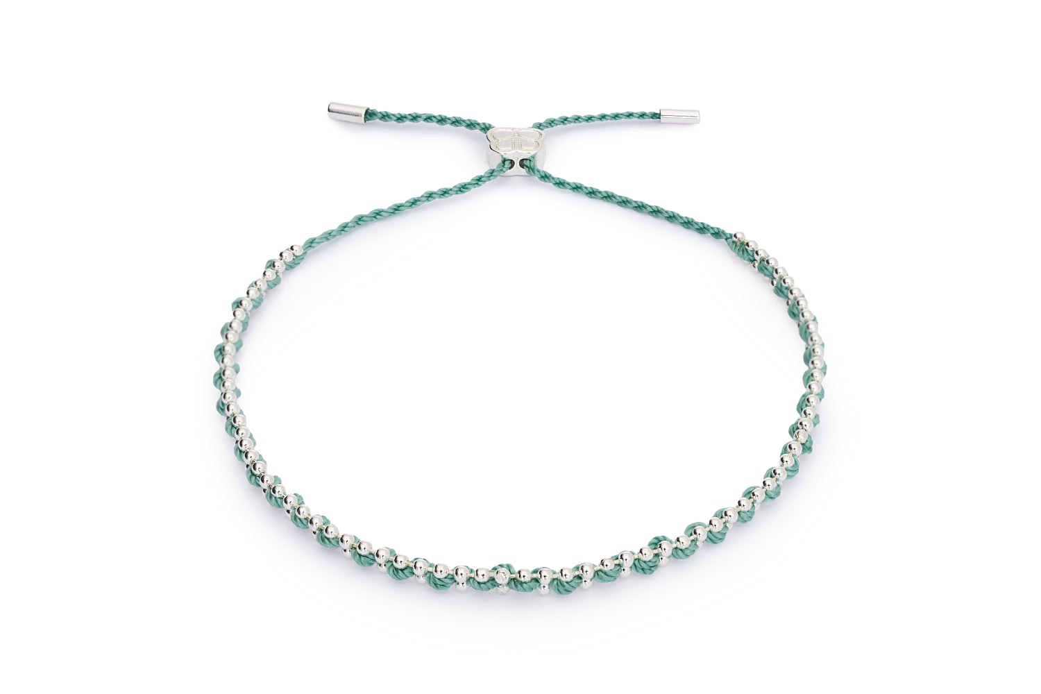 Braid Teal & Silver Braided Friendship Bracelet featuring teal woven cord with sterling silver-plated beads and an adjustable pull-through fastening.