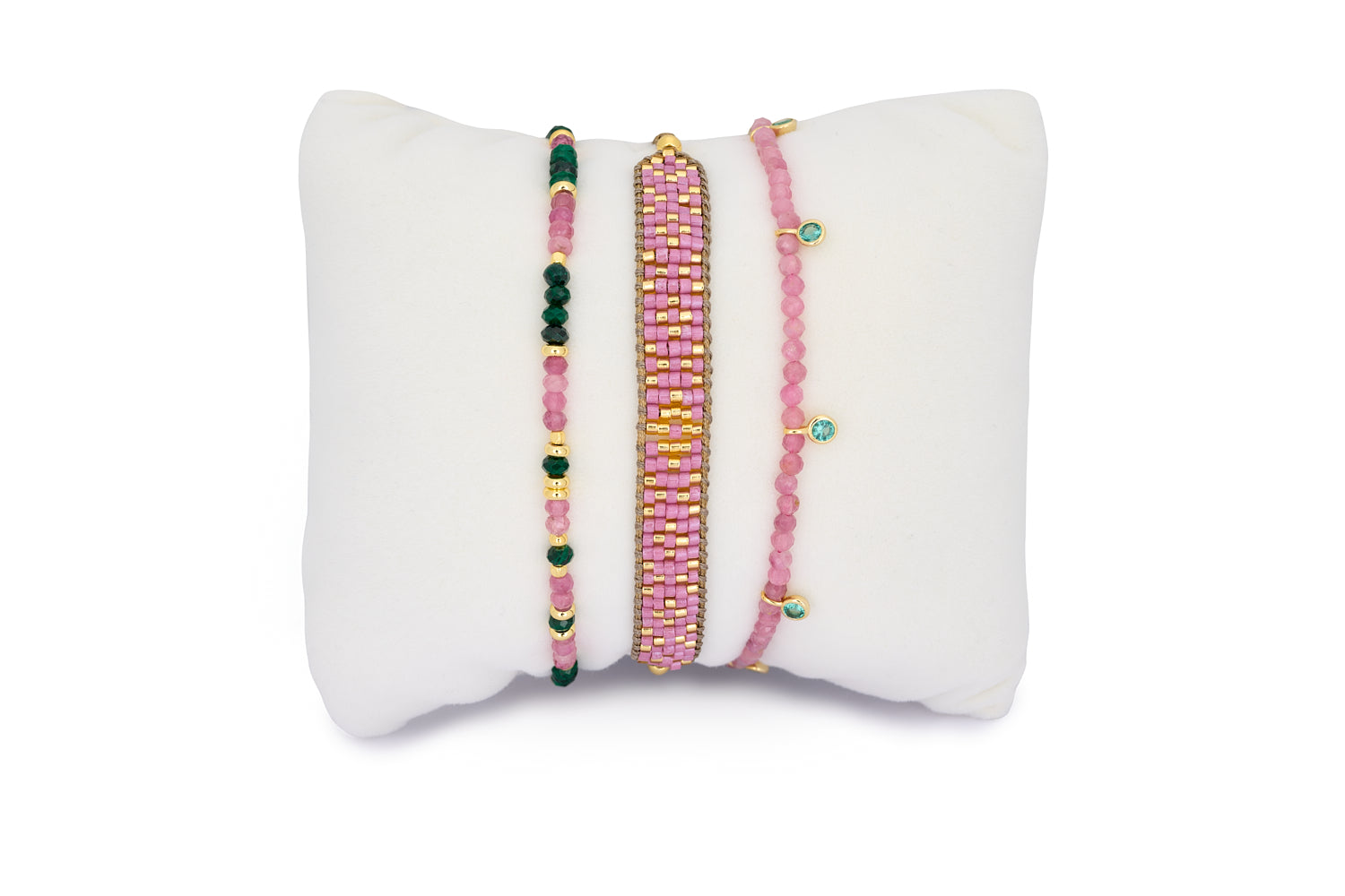 Budelli Gold, Pink Tourmaline, and Malachite Beaded Bracelet Stack featuring pink tourmaline, malachite beads, and 12k gold-plated accents, designed for stacking or gifting as an October birthstone bracelet.