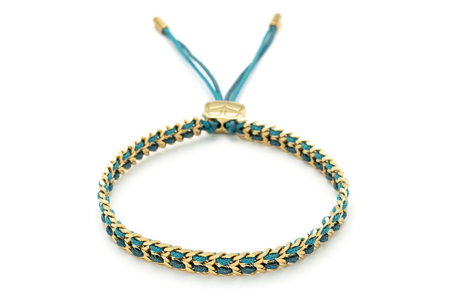 Cari Teal Gold Braided Bracelet with turquoise and navy woven threads, a beach-ready accessory perfect for adding coastal elegance to any look.