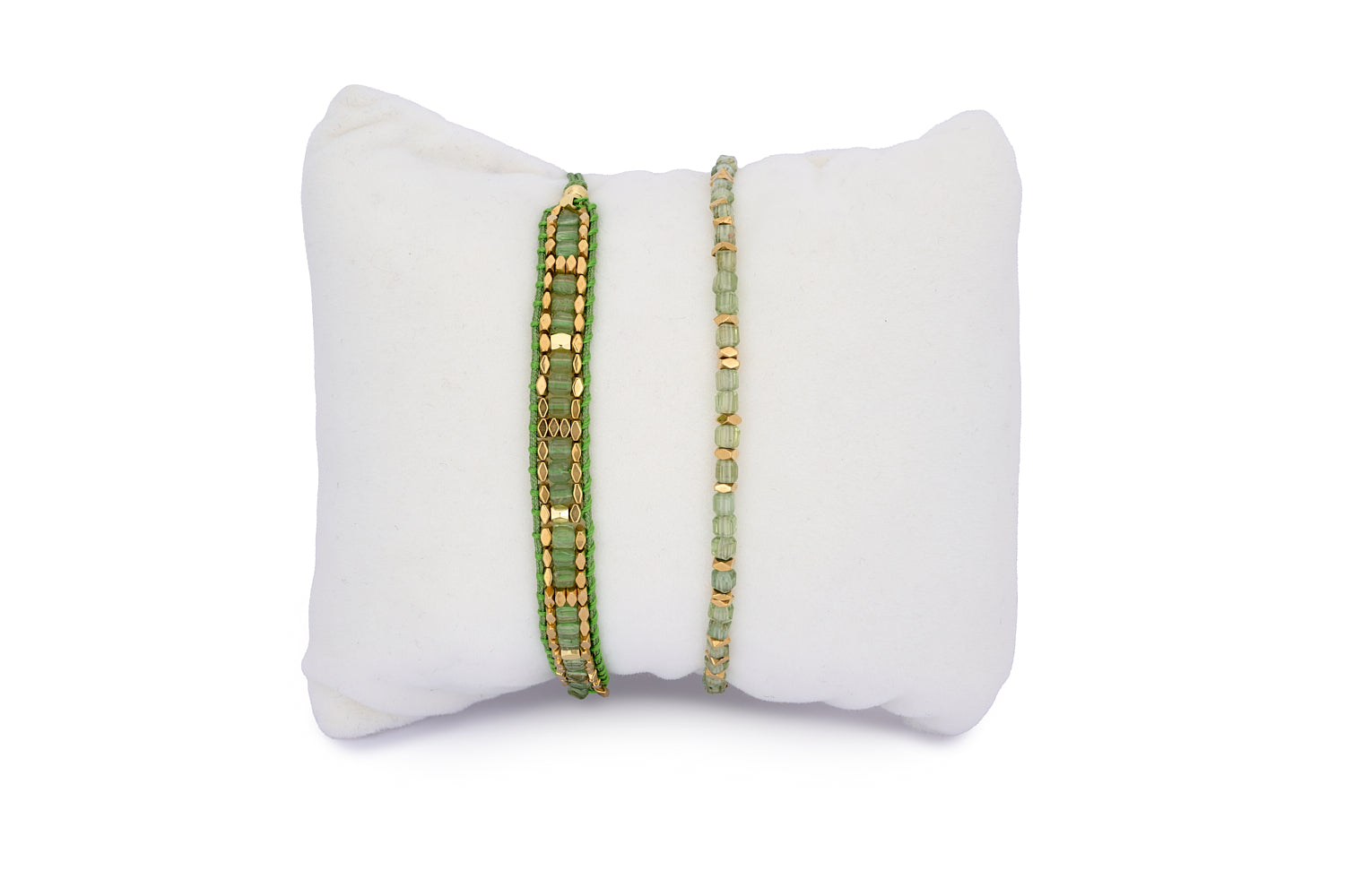 Celeste Green Apatite Gold Bracelet Stack featuring two beaded gold bracelets with faceted green apatite stones and adjustable slider fastenings.
