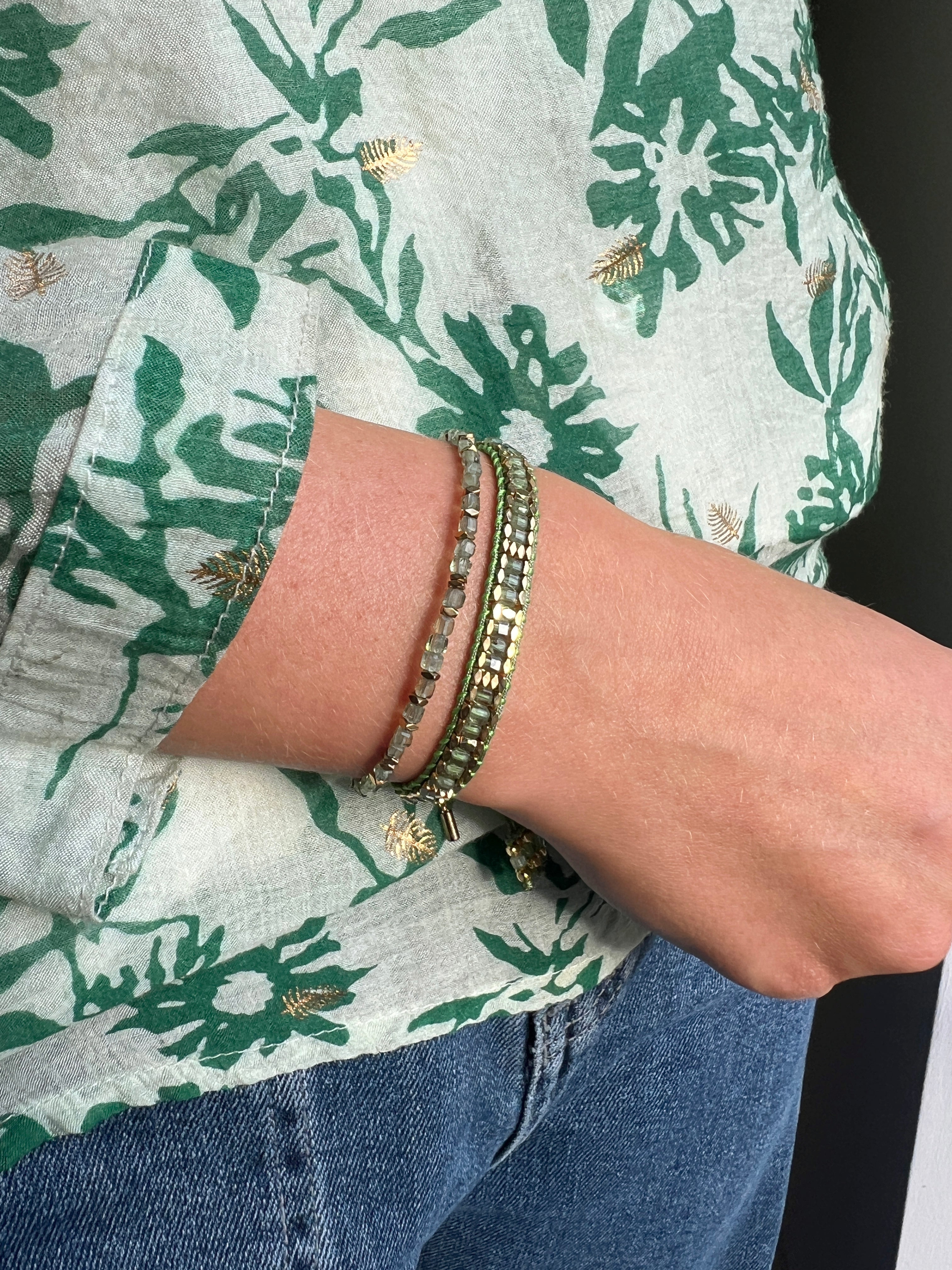 Celeste Green Apatite Gold Bracelet Stack styled with delicate gold accents and soft green gemstones for a dreamy, earthy, and elegant boho look.