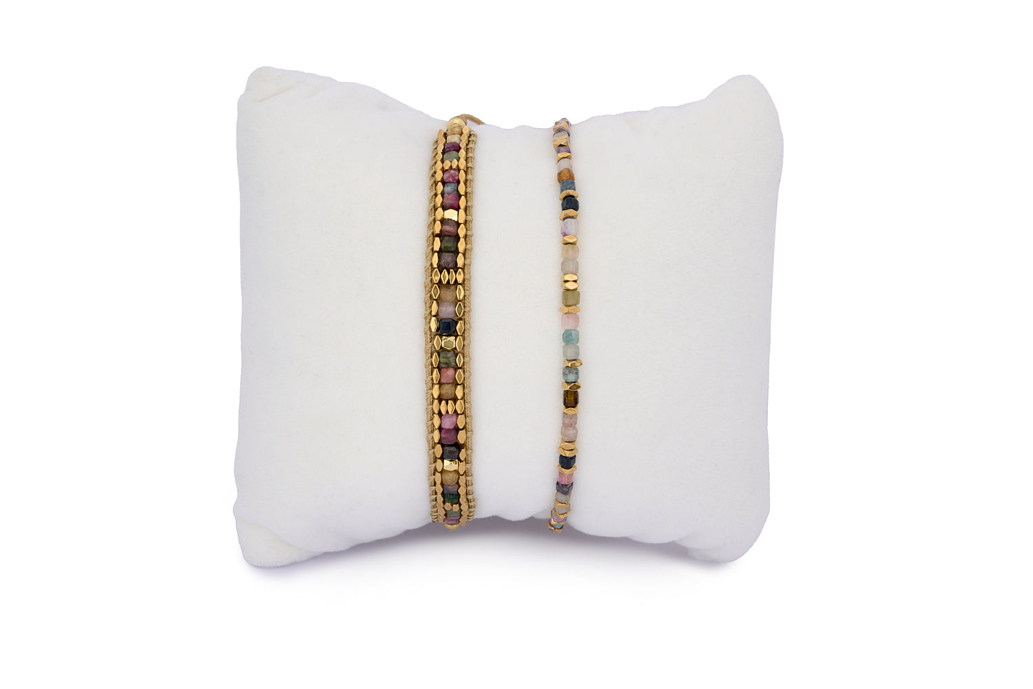 Celeste Tourmaline & Gold Bracelet Stack featuring two dainty gold-plated bracelets with colourful tourmaline beads, perfect for October birthdays and heart-led style.