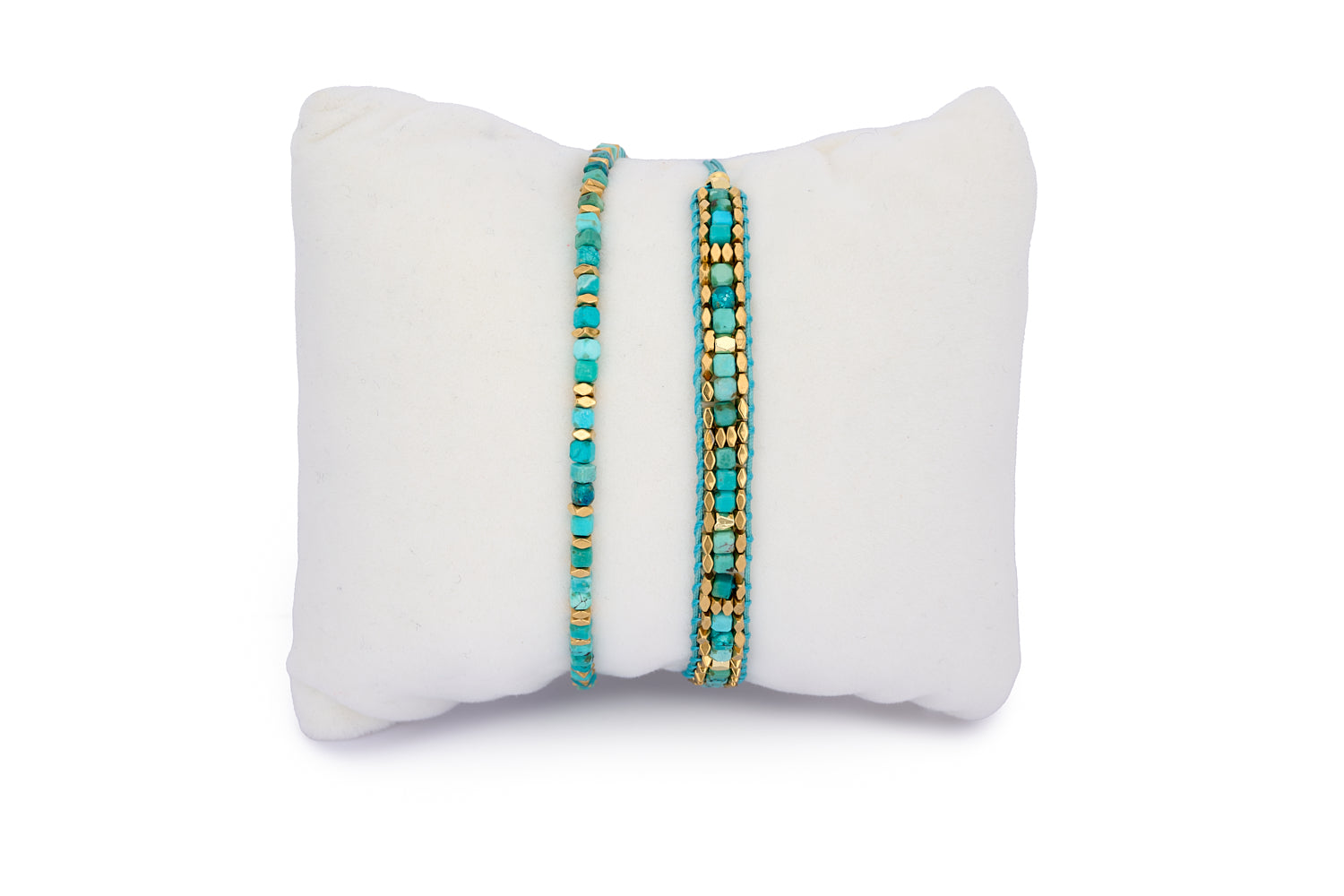 Celeste Turquoise Howlite & Gold Bracelet Stack featuring two turquoise howlite gemstone bracelets with 12k gold-plated accents—one woven, one beaded—for a bold, calming look.