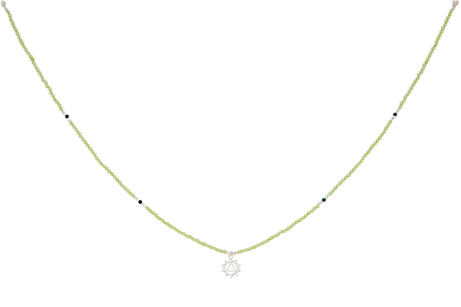 Chakra Peridot and Malachite Silver Solar Plexus Necklace featuring bright peridot and deep green malachite gemstones with sterling silver accents for confidence and motivation.