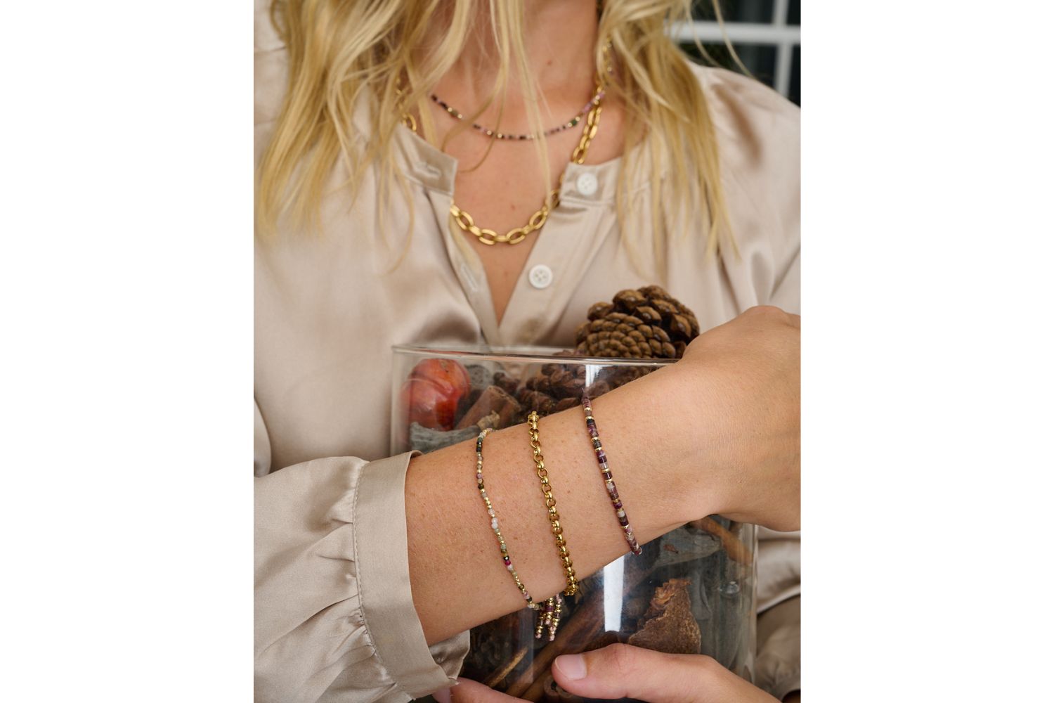 Chira Tourmaline & Gold Stacking Bracelet Set, rolo gold chain with cube-cut and faceted tourmaline bracelets in berry tones