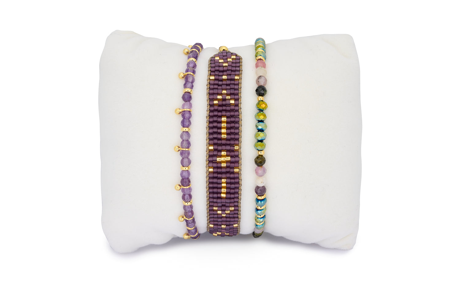 Choco Gold, Tourmaline, and Amethyst Beaded Bracelet Stack featuring faceted tourmaline and amethyst gemstones with 12k gold-plated accents, designed for stacking or gifting as an October birthstone bracelet.