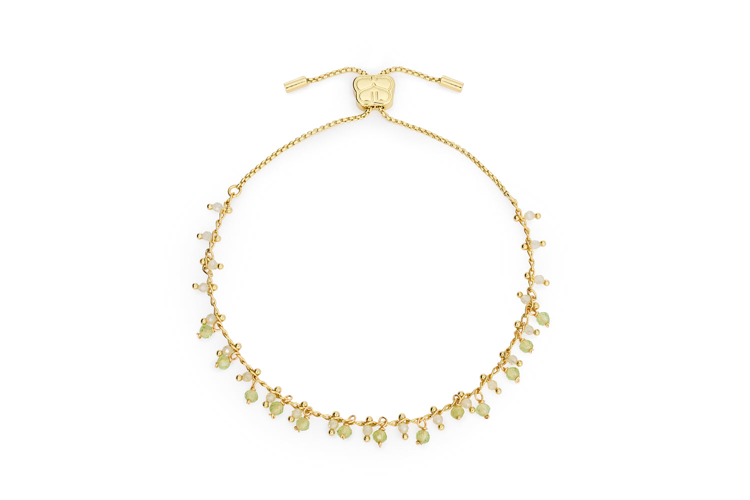 Cicely Gold & Peridot Beaded Bracelet featuring delicate drop-style peridot and quartz gemstones along a fine gold chain with adjustable slider fastening.