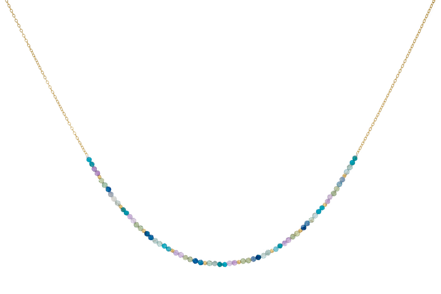 Clover Gold & Apatite Mix Gemstone Bead Necklace featuring vibrant apatite, amethyst, and kyanite gemstones with 12k gold-plated accents and an adjustable slider clasp.