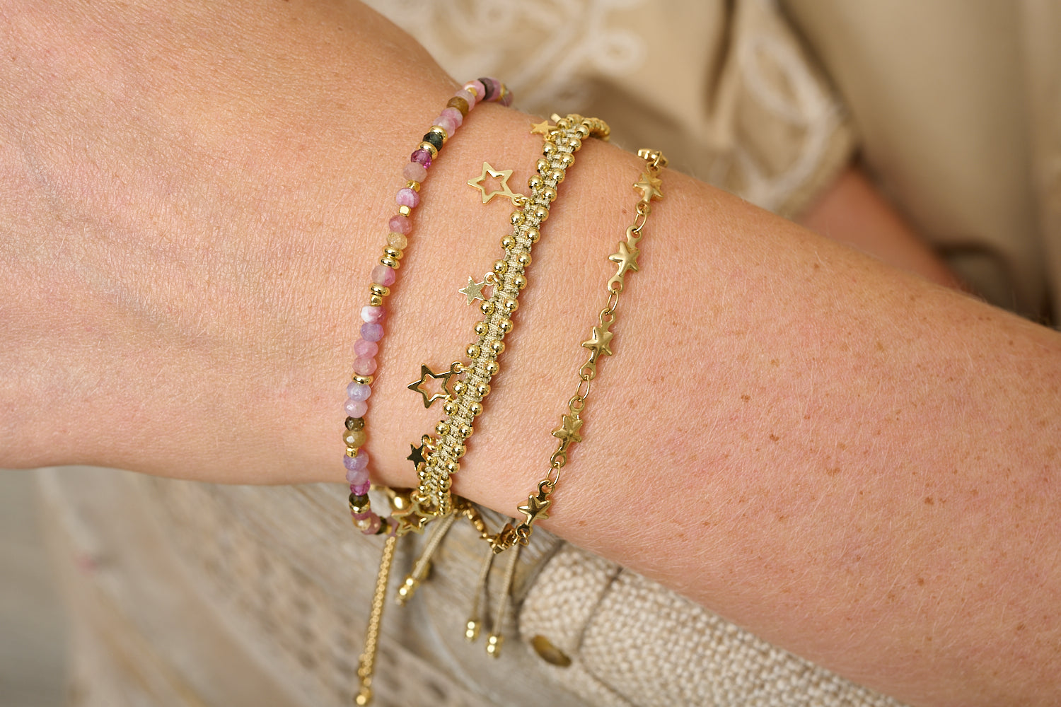 Damas Tourmaline & Gold Star Stacking Bracelet Set featured on wrist with Boho Betty stacking bracelets