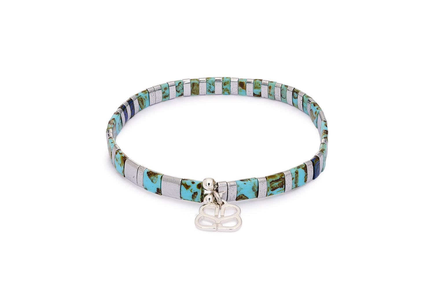 Dreamlover Silver & Turquoise Tila Bracelet with striped turquoise and silver Japanese beads in an 18cm stretch-fit design with Boho Betty charm.