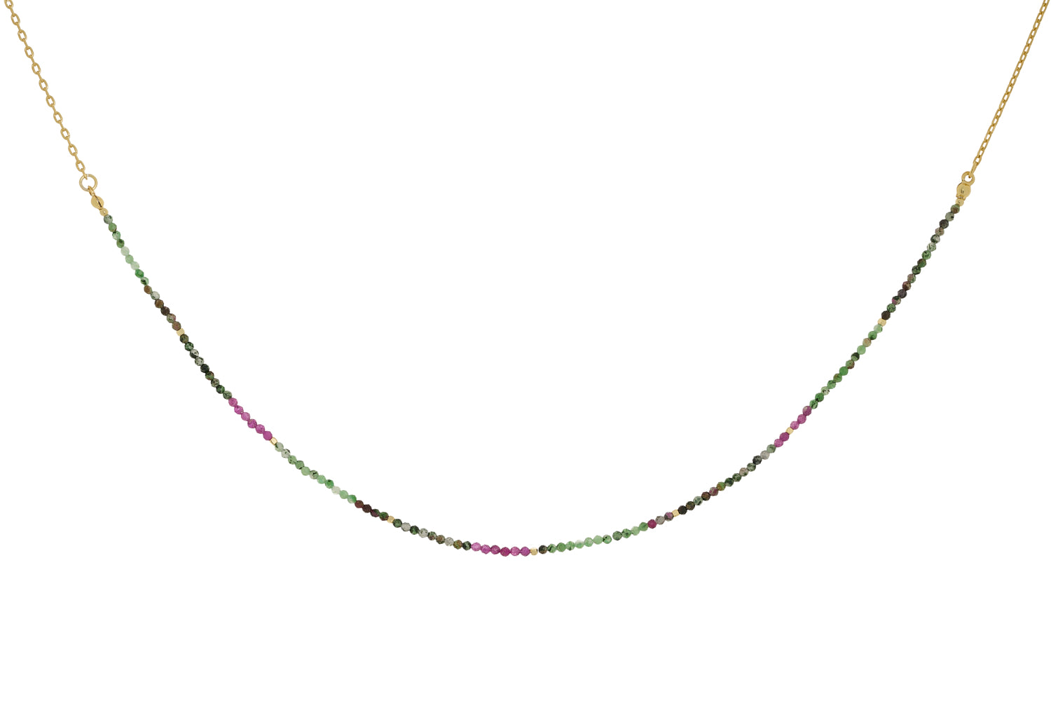 Ember Ruby Zoisite & Gold Beaded Gemstone Necklace with green and pink stones, gold accents, and an adjustable 12k gold-plated chain.