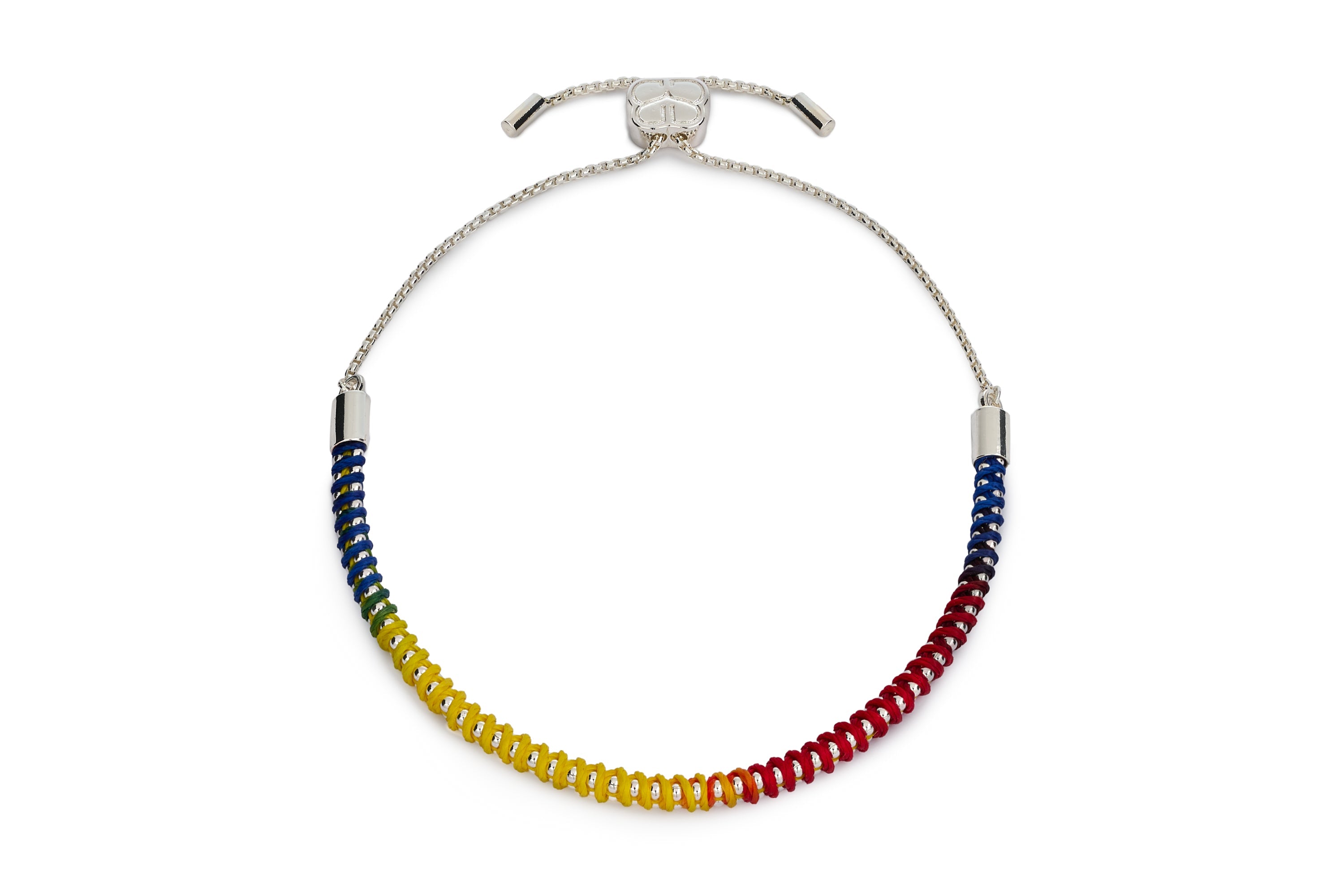 Emelia Braided Silver & Multi-Colour Bracelet with rainbow braided thread, polished silver detailing and adjustable slider fastening.