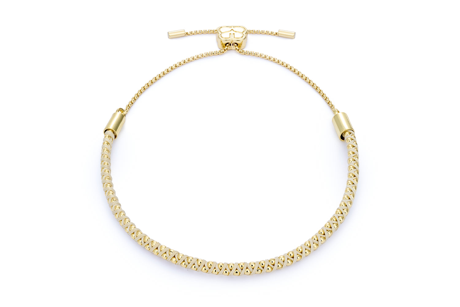 Emelia Gold & Taupe Braided Bracelet featuring soft taupe threads, gold-plated accents, and an adjustable slider fastening for a perfect fit.