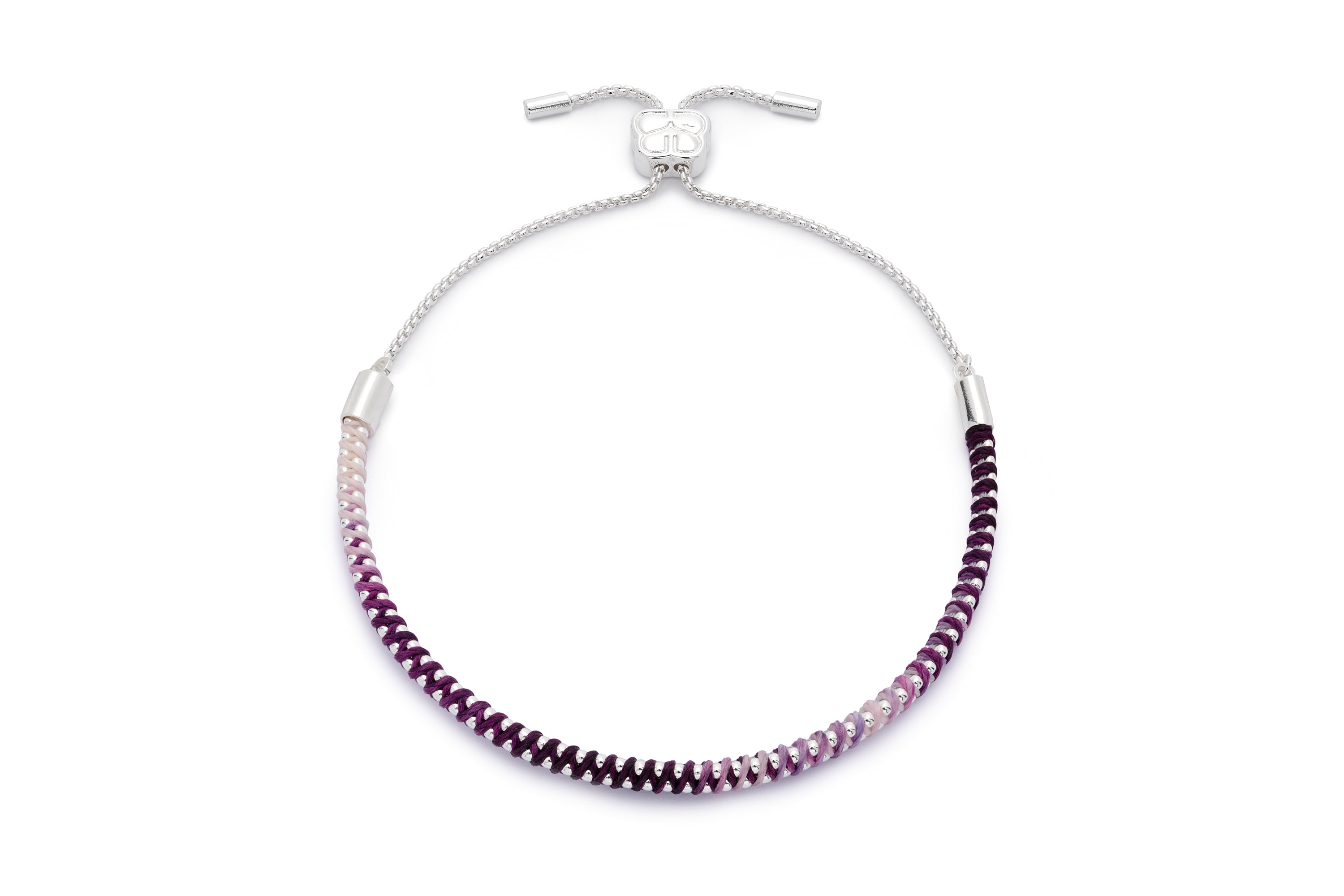 Emelia Ombre Purple & Silver Braided Bracelet featuring a handwoven lilac-to-plum cord wrapped around a polished silver-plated chain with an adjustable slider fastening.