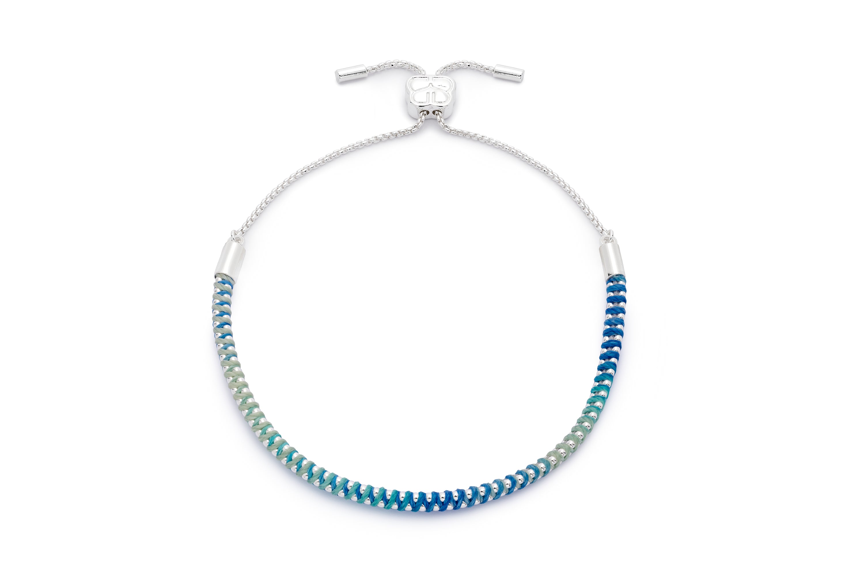 Emelia Silver & Blue Ombre Braided Bracelet featuring a gradient ombre cord in navy to seafoam hues wrapped around a sterling silver-plated chain with slider fastening.