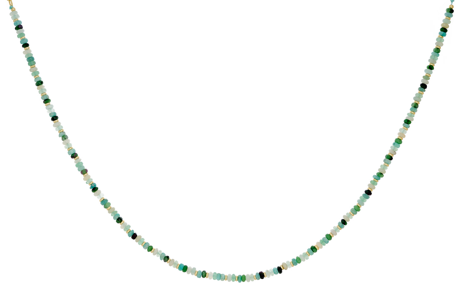 Emma Gold & Amazonite Mix Gemstone Beaded Necklace featuring Green Aventurine, Ruby Zoisite, White Jade, and Amazonite beads with golden accents, designed for layering.